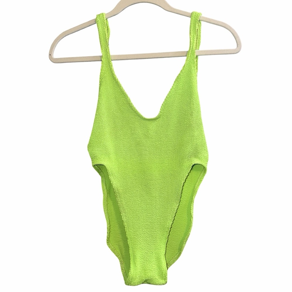 VTG 90s Swimsuit One Piece Catalina Jrs. Neon Green textures Size L. High Cut